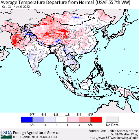 Asia Average Temperature Departure from Normal (USAF 557th WW) Thematic Map For 10/31/2022 - 11/6/2022