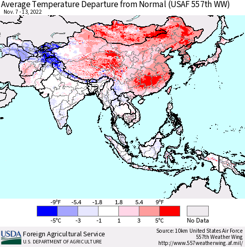Asia Average Temperature Departure from Normal (USAF 557th WW) Thematic Map For 11/7/2022 - 11/13/2022