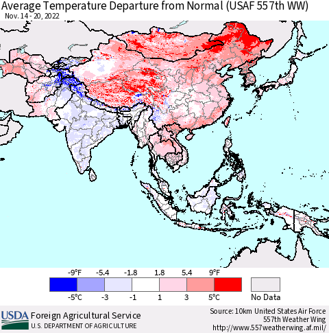 Asia Average Temperature Departure from Normal (USAF 557th WW) Thematic Map For 11/14/2022 - 11/20/2022