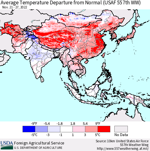 Asia Average Temperature Departure from Normal (USAF 557th WW) Thematic Map For 11/21/2022 - 11/27/2022