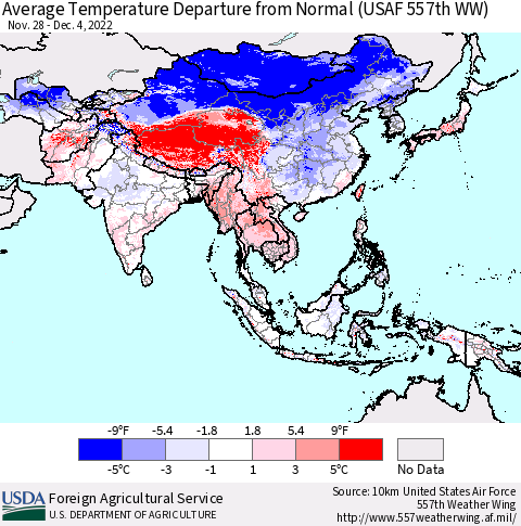 Asia Average Temperature Departure from Normal (USAF 557th WW) Thematic Map For 11/28/2022 - 12/4/2022