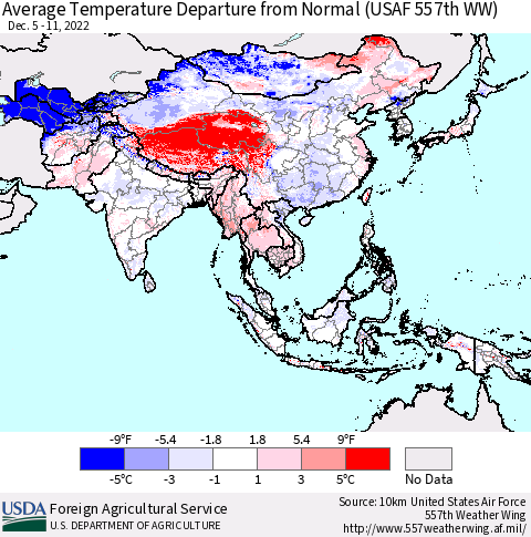 Asia Average Temperature Departure from Normal (USAF 557th WW) Thematic Map For 12/5/2022 - 12/11/2022