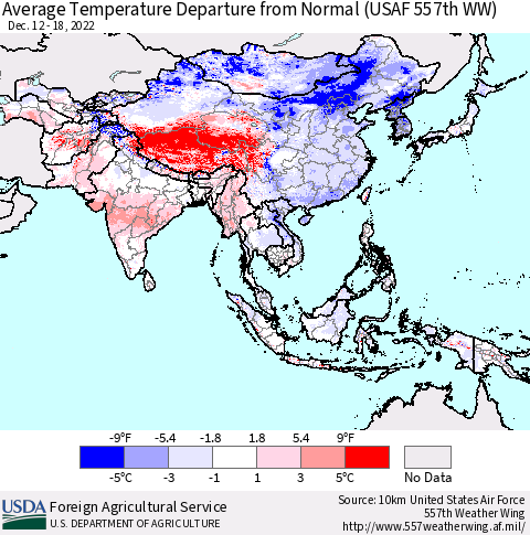 Asia Average Temperature Departure from Normal (USAF 557th WW) Thematic Map For 12/12/2022 - 12/18/2022