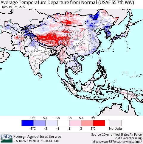 Asia Average Temperature Departure from Normal (USAF 557th WW) Thematic Map For 12/19/2022 - 12/25/2022