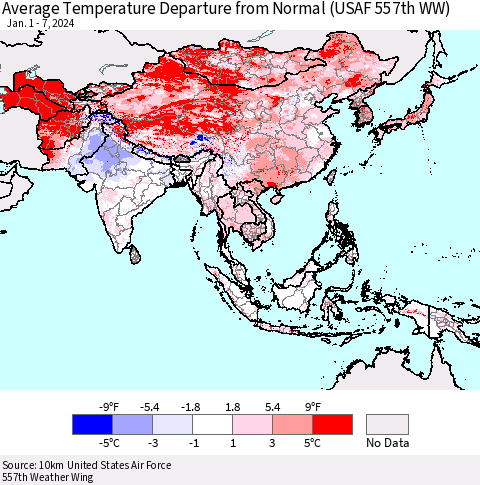 Asia Average Temperature Departure from Normal (USAF 557th WW) Thematic Map For 1/1/2024 - 1/7/2024