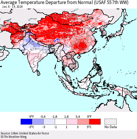 Asia Average Temperature Departure from Normal (USAF 557th WW) Thematic Map For 1/8/2024 - 1/14/2024