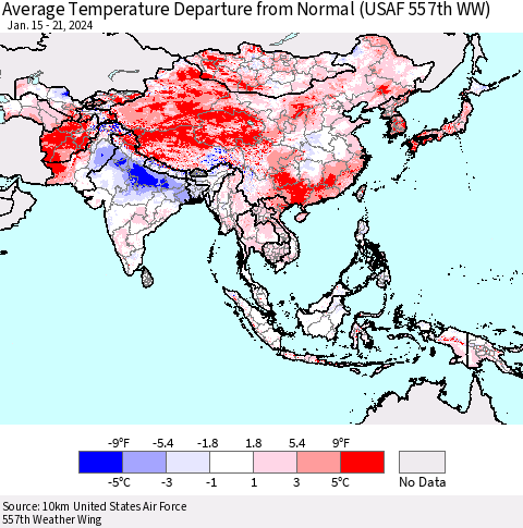 Asia Average Temperature Departure from Normal (USAF 557th WW) Thematic Map For 1/15/2024 - 1/21/2024