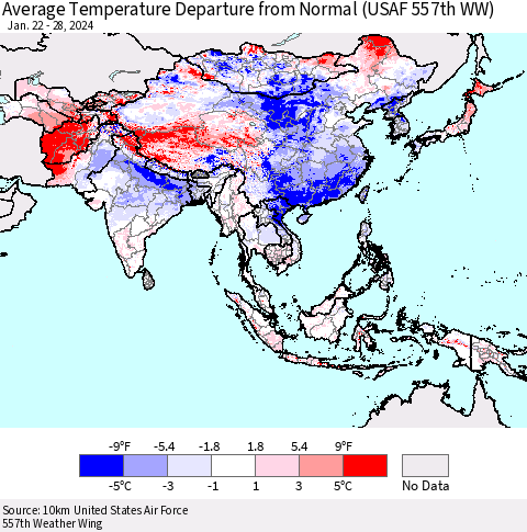 Asia Average Temperature Departure from Normal (USAF 557th WW) Thematic Map For 1/22/2024 - 1/28/2024