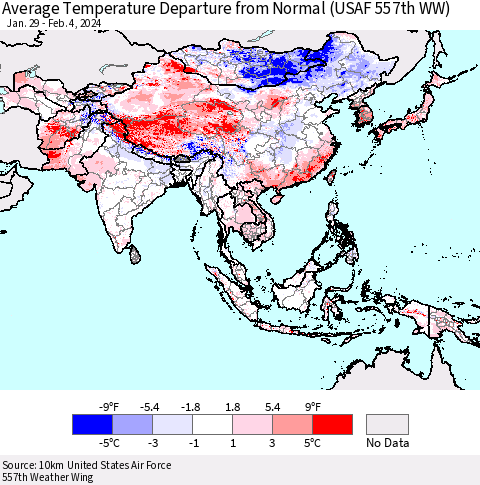 Asia Average Temperature Departure from Normal (USAF 557th WW) Thematic Map For 1/29/2024 - 2/4/2024