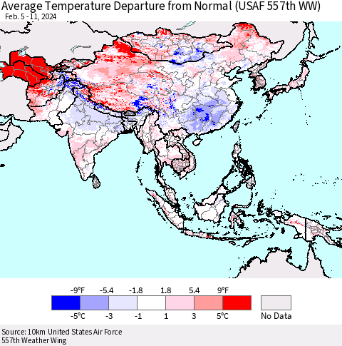 Asia Average Temperature Departure from Normal (USAF 557th WW) Thematic Map For 2/5/2024 - 2/11/2024