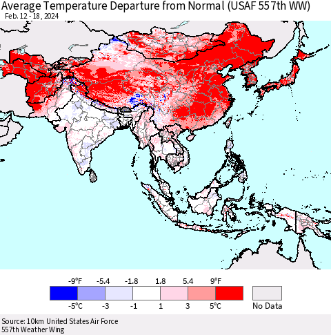 Asia Average Temperature Departure from Normal (USAF 557th WW) Thematic Map For 2/12/2024 - 2/18/2024