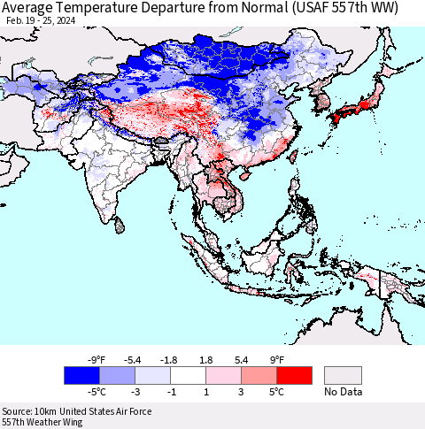 Asia Average Temperature Departure from Normal (USAF 557th WW) Thematic Map For 2/19/2024 - 2/25/2024