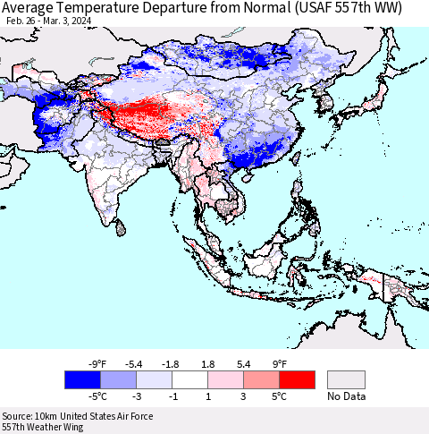 Asia Average Temperature Departure from Normal (USAF 557th WW) Thematic Map For 2/26/2024 - 3/3/2024