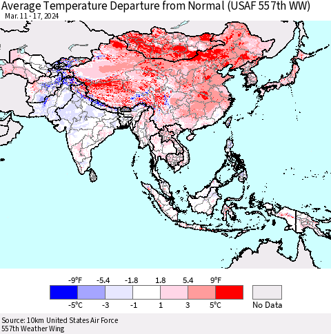 Asia Average Temperature Departure from Normal (USAF 557th WW) Thematic Map For 3/11/2024 - 3/17/2024