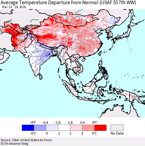 Asia Average Temperature Departure from Normal (USAF 557th WW) Thematic Map For 3/18/2024 - 3/24/2024
