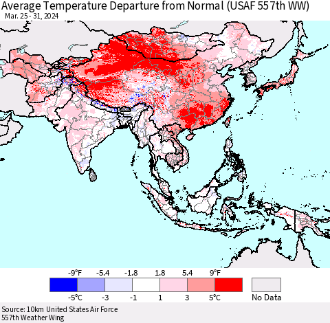 Asia Average Temperature Departure from Normal (USAF 557th WW) Thematic Map For 3/25/2024 - 3/31/2024