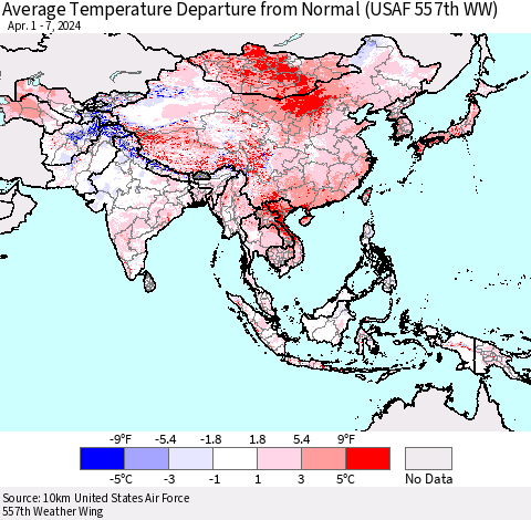 Asia Average Temperature Departure from Normal (USAF 557th WW) Thematic Map For 4/1/2024 - 4/7/2024