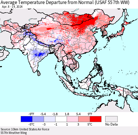 Asia Average Temperature Departure from Normal (USAF 557th WW) Thematic Map For 4/8/2024 - 4/14/2024