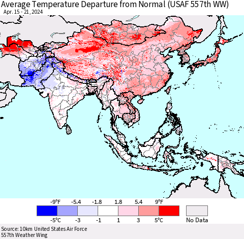 Asia Average Temperature Departure from Normal (USAF 557th WW) Thematic Map For 4/15/2024 - 4/21/2024