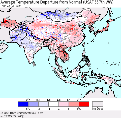 Asia Average Temperature Departure from Normal (USAF 557th WW) Thematic Map For 4/22/2024 - 4/28/2024
