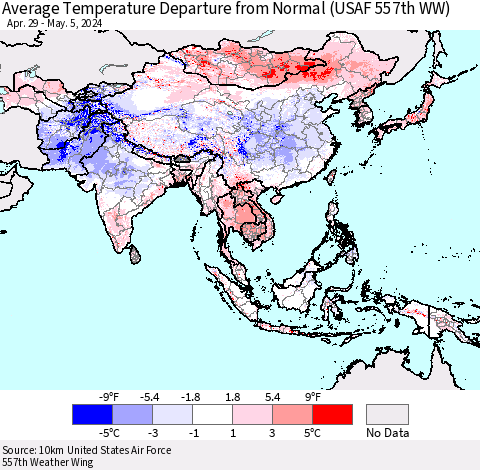 Asia Average Temperature Departure from Normal (USAF 557th WW) Thematic Map For 4/29/2024 - 5/5/2024