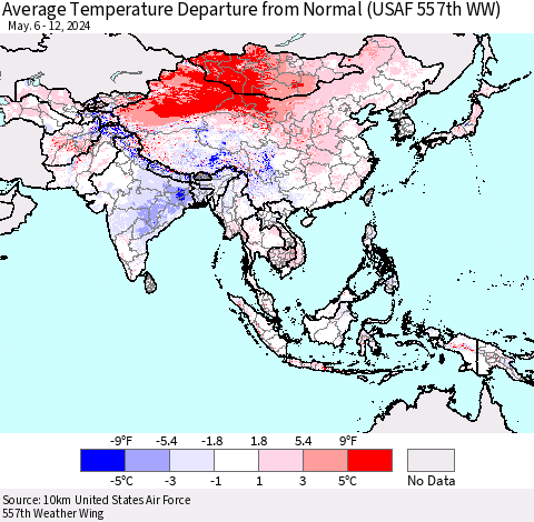 Asia Average Temperature Departure from Normal (USAF 557th WW) Thematic Map For 5/6/2024 - 5/12/2024