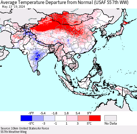 Asia Average Temperature Departure from Normal (USAF 557th WW) Thematic Map For 5/13/2024 - 5/19/2024