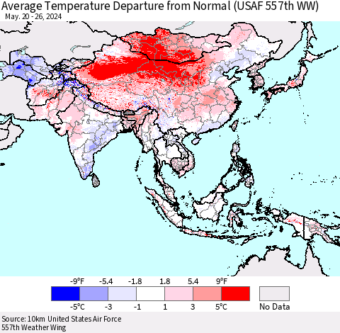 Asia Average Temperature Departure from Normal (USAF 557th WW) Thematic Map For 5/20/2024 - 5/26/2024