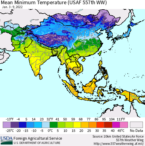Asia Mean Minimum Temperature (USAF 557th WW) Thematic Map For 1/3/2022 - 1/9/2022