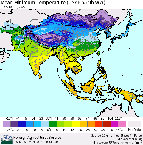 Asia Mean Minimum Temperature (USAF 557th WW) Thematic Map For 1/10/2022 - 1/16/2022