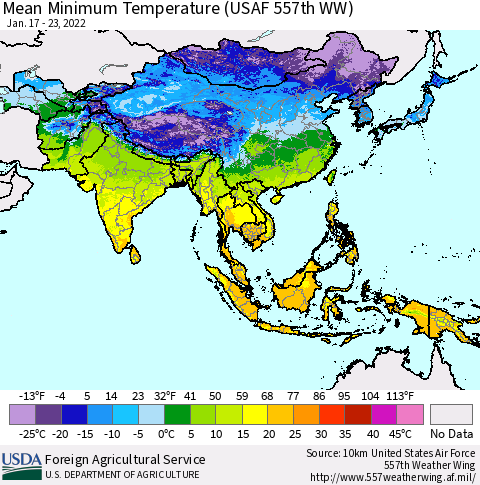 Asia Mean Minimum Temperature (USAF 557th WW) Thematic Map For 1/17/2022 - 1/23/2022