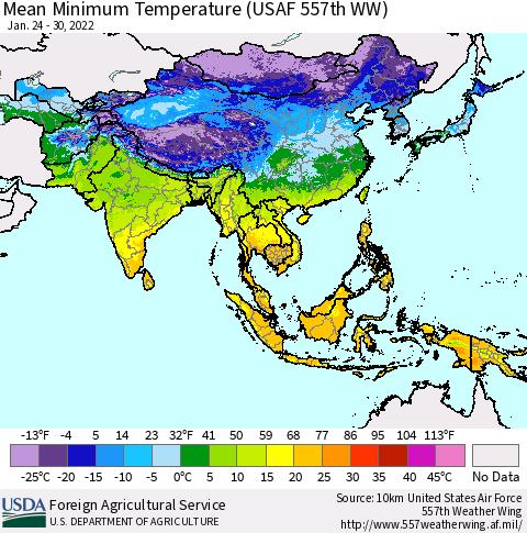 Asia Mean Minimum Temperature (USAF 557th WW) Thematic Map For 1/24/2022 - 1/30/2022