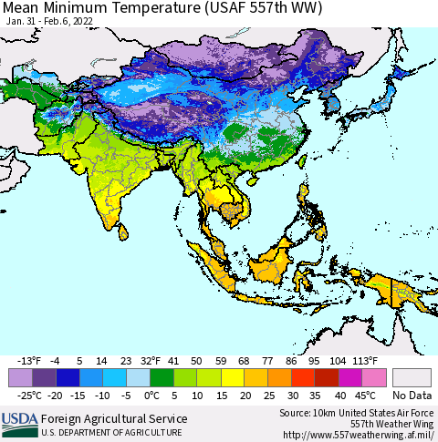 Asia Mean Minimum Temperature (USAF 557th WW) Thematic Map For 1/31/2022 - 2/6/2022