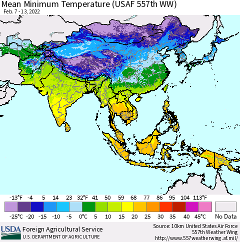 Asia Mean Minimum Temperature (USAF 557th WW) Thematic Map For 2/7/2022 - 2/13/2022