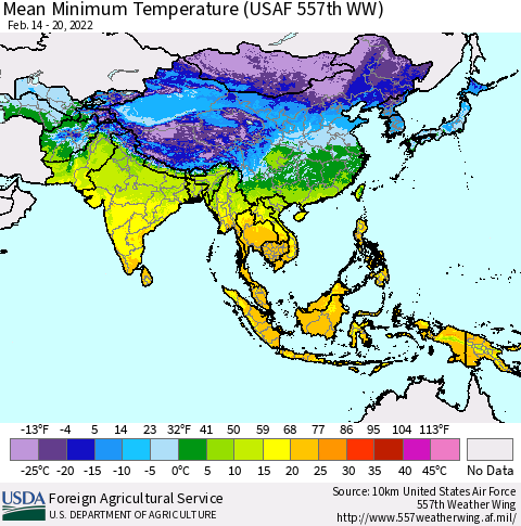 Asia Mean Minimum Temperature (USAF 557th WW) Thematic Map For 2/14/2022 - 2/20/2022
