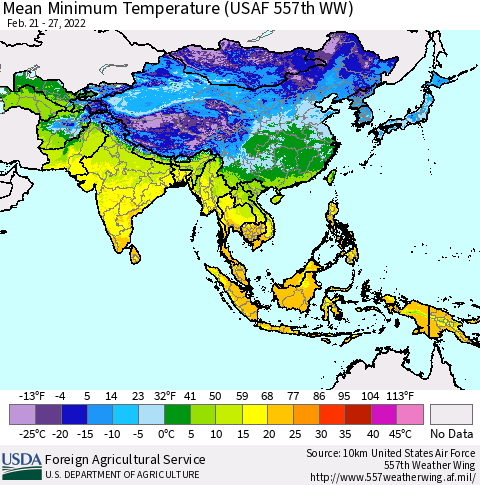 Asia Mean Minimum Temperature (USAF 557th WW) Thematic Map For 2/21/2022 - 2/27/2022