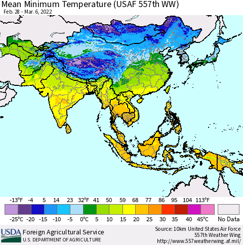 Asia Mean Minimum Temperature (USAF 557th WW) Thematic Map For 2/28/2022 - 3/6/2022