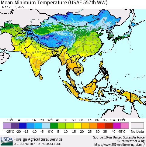 Asia Mean Minimum Temperature (USAF 557th WW) Thematic Map For 3/7/2022 - 3/13/2022