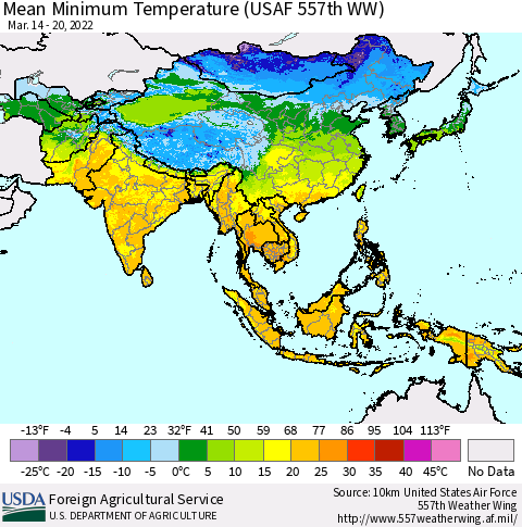 Asia Mean Minimum Temperature (USAF 557th WW) Thematic Map For 3/14/2022 - 3/20/2022