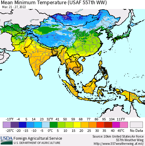 Asia Mean Minimum Temperature (USAF 557th WW) Thematic Map For 3/21/2022 - 3/27/2022