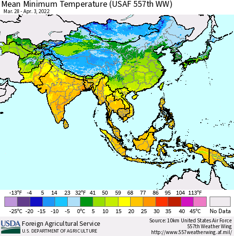 Asia Mean Minimum Temperature (USAF 557th WW) Thematic Map For 3/28/2022 - 4/3/2022
