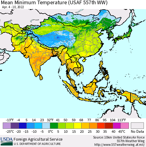 Asia Mean Minimum Temperature (USAF 557th WW) Thematic Map For 4/4/2022 - 4/10/2022