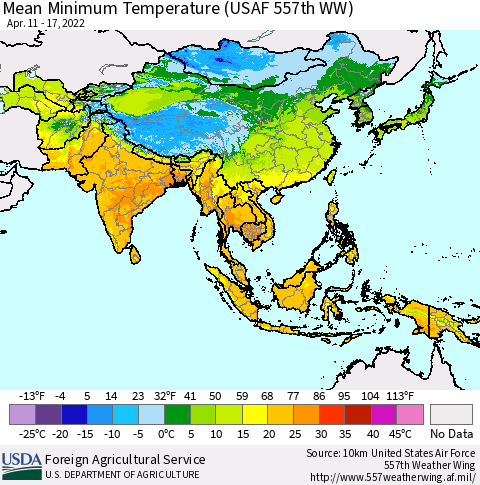 Asia Mean Minimum Temperature (USAF 557th WW) Thematic Map For 4/11/2022 - 4/17/2022