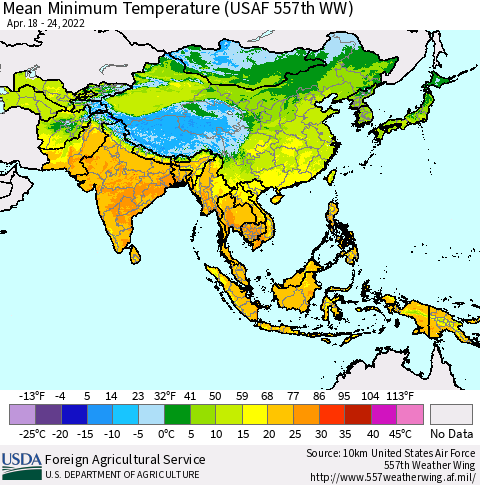 Asia Mean Minimum Temperature (USAF 557th WW) Thematic Map For 4/18/2022 - 4/24/2022