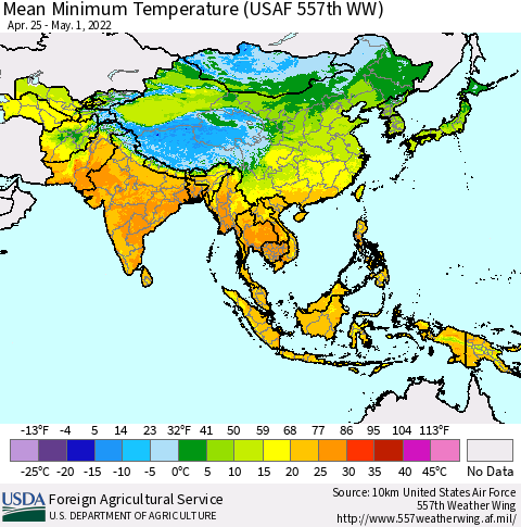 Asia Mean Minimum Temperature (USAF 557th WW) Thematic Map For 4/25/2022 - 5/1/2022