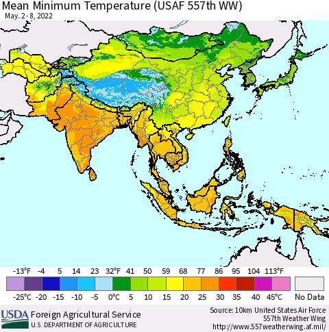 Asia Mean Minimum Temperature (USAF 557th WW) Thematic Map For 5/2/2022 - 5/8/2022