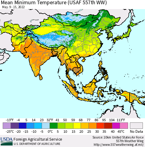 Asia Mean Minimum Temperature (USAF 557th WW) Thematic Map For 5/9/2022 - 5/15/2022