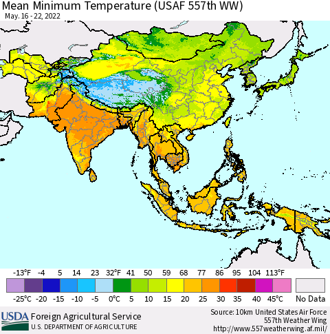 Asia Mean Minimum Temperature (USAF 557th WW) Thematic Map For 5/16/2022 - 5/22/2022