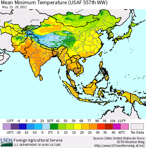 Asia Mean Minimum Temperature (USAF 557th WW) Thematic Map For 5/23/2022 - 5/29/2022
