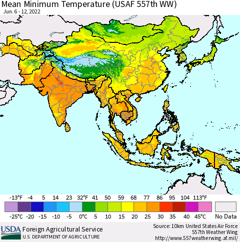 Asia Mean Minimum Temperature (USAF 557th WW) Thematic Map For 6/6/2022 - 6/12/2022